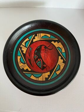 Signed Galvan burnished clay vintage hand painted Kokopelli southwest bowl plate